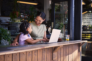 Image showing Black family, coffee shop or laptop with a mother and daughter together in the window of a restaurant. Kids, computer or education with a woman and female child sitting or bonding in a internet cafe