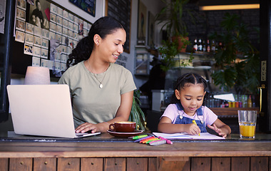 Image showing Coffee shop, laptop and coloring with a mother and daughter at a cafe window together for remote work or fun. Kids, internet and art with a woman and happy female child bonding in a restaurant
