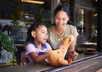 Image showing Black family, coffee shop or stuffed animal with a mother and daughter sitting in the window of a restaurant together. Kids, love or toys with a woman and female child bonding in a cafe on a weekend