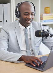 Image showing Radio, laptop and black man on microphone, professional podcast or content creation in office for media broadcast. Virtual reporter, news speaker or journalist speaking on live streaming, audio show