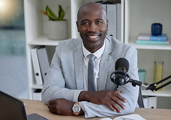 Image showing Journalist portrait, black man and microphone, radio broadcast or content creation of online platform in office. Virtual reporter, news speaker or podcast person speaking on live streaming audio show