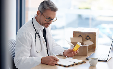 Image showing Writing doctor, pills or order box in medical delivery, prescription logistics or medicine shipping ideas for customer. Man, healthcare or worker and retail drugs, notebook research or export package