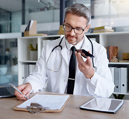 Image showing Mature doctor, phone call or hospital clipboard in telehealth consulting, prescription help or test results communication. Talking man, healthcare or mobile technology, paper documents or networking