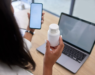 Image showing Medicine, phone screen and hands for telehealth services, pharmacy mockup and medical product research. Person, pharmacist or healthcare professional on smartphone mock up for pills bottle advice