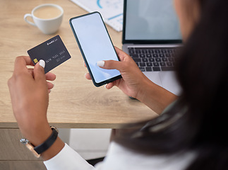 Image showing Phone, credit card and hands online shopping mockup for ecommerce, fintech and finance, payment or banking app. Mobile mock up, smartphone screen or web 3.0 technology of woman or customer experience