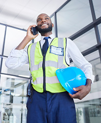 Image showing Black man, construction or phone call in building planning, networking or industrial property renovations in low angle. Smile, happy or building worker with mobile technology, helmet or vision ideas