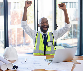 Image showing Man, construction worker or success fist for laptop vision, building planning deal or industrial property celebration. Smile, happy or winner architect and technology goals or blueprint achievement