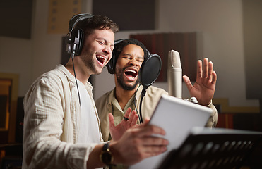 Image showing Music, singing and men recording in studio tablet, streaming with microphone, headphones and talent. Technology, art and creative influencer band and musician with live stream song for record label.