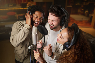 Image showing Music, streaming and diversity, band recording in studio singing into microphone with headphones and talent. Technology, art and creative influencer friends with live stream song for record label.