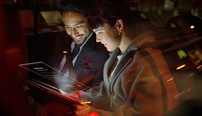 Image showing Overlay, tablet and collaboration with a business team working on a ux interface while sitting in a car together. Digital, future or teamwork with a man and woman employee doing research on a commute