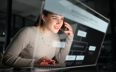 Image showing Phone call, overlay or woman planning a business agenda data or goals on digital notes or diary at night. Laptop, talking or happy girl networking or researching on 3d technology or hologram screen