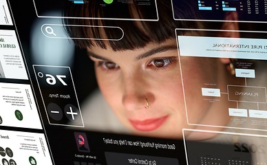 Image showing Web design, search and woman with an interface for planning, software development and user system. Website, looking and face of a programmer reading information on a screen for information technology