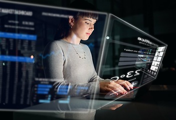 Image showing Database, information technology hologram or woman typing to research web design in a smart office. Future overlay or developer with digital ui or ux on a website or software for innovation at night