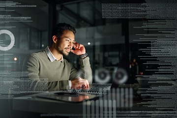 Image showing Night, overlay or man in the stock market to research data analytics or financial investment strategy online. Fintech ai, laptop or trader in dark workplace with hologram reading cryptocurrency news