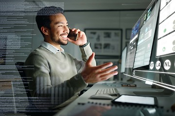 Image showing Stock market dashboard, hologram or trader on a phone call talking about trading data or investment stocks. Overlay or happy man trading on digital ui or ux on software for financial growth at night