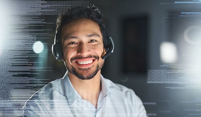 Image showing Call center, overlay and portrait of man for customer service, telemarketing and crm networking. Futuristic hologram, contact us and face of consultant smile for help, it support and communication