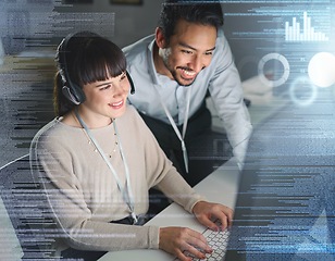 Image showing Woman, man and night by computer with overlay, smile and coaching for tech support, data analytics or web. Teamwork, learning and crm training with 3d holographic for collaboration, typing and job