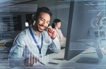 Image showing Call center overlay, customer support and man on computer on telemarketing, crm and digital network. Futuristic communication, contact us hologram and male smile for it help, service and consulting