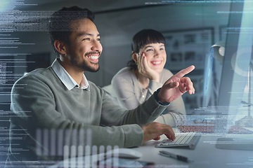 Image showing Business people smile, code with partnership and information technology with computer for coding overlay. Collaboration with software development, team meeting and man with woman in office typing