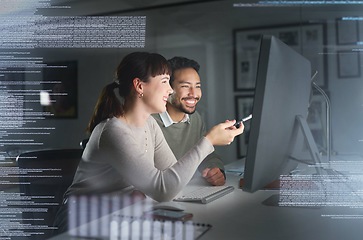 Image showing Teamwork, computer hologram and people with data analytics, cyber security research and cloud computing. Coding, programming and developer woman with partner for software strategy, planning at night