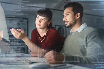 Image showing Code, manager help employee and programming with hologram, explain process and system to agent. Woman speaking to Asian man, coding and holograph with IT specialist, cyber security or cloud computing