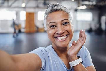 Image showing Selfie, gym and fitness senior woman taking picture after exercise, workout or training with a smile. Elderly, old and portrait of a fit female happy for wellness, health and update social media