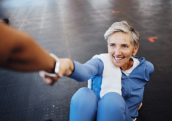 Image showing Exercise, helping old woman and fitness with smile, workout and training for wellness, health and balance. Sports, mature female and senior citizen with happiness, help up from floor and support