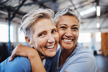 Image showing Mature women, portrait or hug in workout, gym or training healthcare wellness, bonding activity or exercise class. Smile, happy and retirement fitness friends in teamwork goals or community support