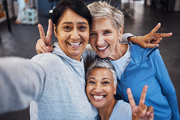 Image showing Fitness women, portrait or peace sign selfie in gym, workout or training for healthcare wellness or bonding exercise. Happy smile, comic or mature sports in diversity friends group or community fun