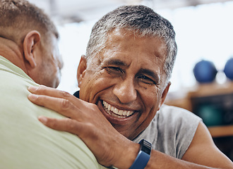 Image showing Friends, fitness and man with personal trainer in gym for teamwork, support and motivation for workout. Sports, retirement and face of senior male hug ready for exercise, training and cardio wellness
