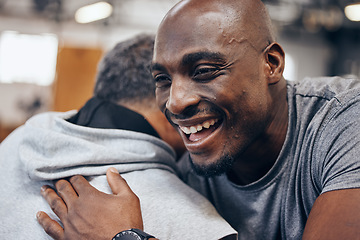 Image showing Black man, friends and hug in fitness for exercise, workout or training class together at the gym. Happy African American male hugging friend in celebration for healthy wellness or cardio achievement