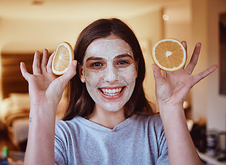 Image showing Portrait, orange and skincare mask by woman in bedroom for wellness, grooming and facial cleaning treatment. Fruit, face and girl relax with citrus product, natural and skin, detox or beauty routine