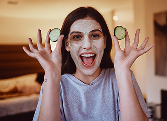 Image showing Cucumber, portrait and skincare facial for woman in a bedroom, grooming and having fun with skin treatment. Face, mask and girl relax with fruit product, hygiene and beauty, wellness or detox at home
