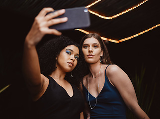 Image showing Women, fashion or beauty selfie at night, live streaming or party club for blogging, vlogging or content creator. Friends, girls or bonding on profile picture, social media or makeup influencer app