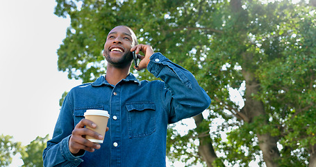 Image showing Phone, outdoor and black man with job opportunity, career news and online networking ideas, vision and goals. Happy business person, coffee break and smartphone for news, feedback or mobile chat app