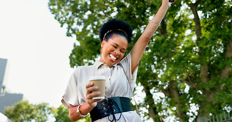 Image showing Winning, surprise and black woman with phone notification for job opportunity, recruitment email and career success. Winner, dance and excited african person outdoor on smartphone for online news