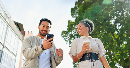 Image showing Businessman, woman and phone on outdoor walk to work for coffee cup, social media or comic meme. Man, business people and walking for conversation, support or happy with excited smile on urban street