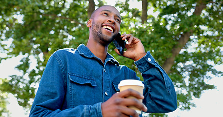 Image showing Phone, outdoor and black man with job opportunity, career news and online networking ideas, vision and goals. Happy business person, coffee break and smartphone for news, feedback or mobile chat app