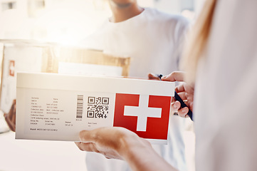 Image showing Delivery, box and people with QR code for healthcare, package and e commerce courier services. Telehealth supplier giving mail, post or pharmacy shipping to woman for online shopping in supply chain