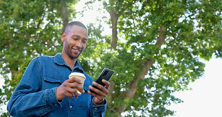 Image showing Phone, outdoor and black man with job opportunity, career news and online networking ideas, vision and goals. Happy business person, coffee break and smartphone for news, feedback or mobile chat app