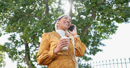 Image showing Phone call, park and business woman networking for opportunity, job schedule or coffee break smile. Happy gen z person on 5g smartphone conversation, discussion or talking on online chat below trees