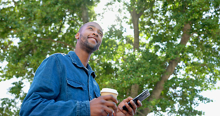 Image showing Phone, outdoor and black man with job opportunity, career news and online networking ideas, vision and goals. Happy business person, coffee break and smartphone for news, feedback or mobile chat app