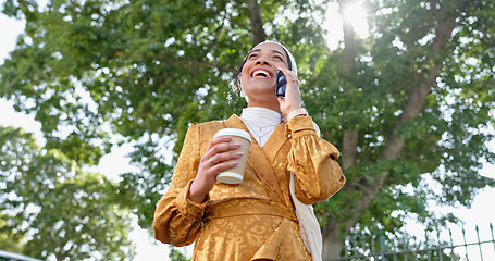 Image showing Phone call, park and business woman networking for opportunity, job schedule or coffee break smile. Happy gen z person on 5g smartphone conversation, discussion or talking on online chat below trees