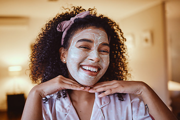 Image showing Black woman, afro and skincare mask in portrait, home bathroom or dermatology spa in healthcare, wellness or face grooming. Happy smile, facial and cream product in beauty cleaning or acne treatment