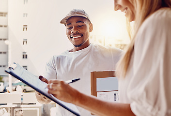 Image showing Black man, clipboard or customer signing for delivery, courier parcel or cardboard box package in house or home. Smile, happy or logistics worker and paper documents for woman, shipping or post order