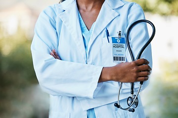 Image showing Woman, stethoscope and cardiology woman in healthcare, health insurance and medical care for wellness. Hands of medicine professional as expert in heart healing with pride for development and advice