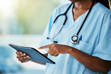 Image showing Doctor hand holding tablet technology for research, healthcare software and hospital management app. Nurse, medical professional or expert person on digital tech for clinic data analysis or results