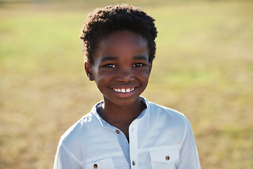 Image showing Child is happy in portrait, smile in park with adventure and travel, outdoor with family day in nature mockup. Happiness in childhood, African American kid on field for fun and wellness with freedom