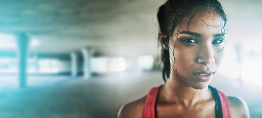 Image showing Fitness, woman in portrait with face and mockup space, exercise and runner outdoor with wellness and energy. Intense, sweat and cardio with run, body workout and sports motivation in parking lot