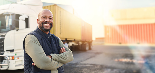 Image showing Man, portrait and arms crossed by truck, container stack and happy for transport job. Driver, smile and shipping cargo freight with happiness in transportation service, stock delivery or supply chain